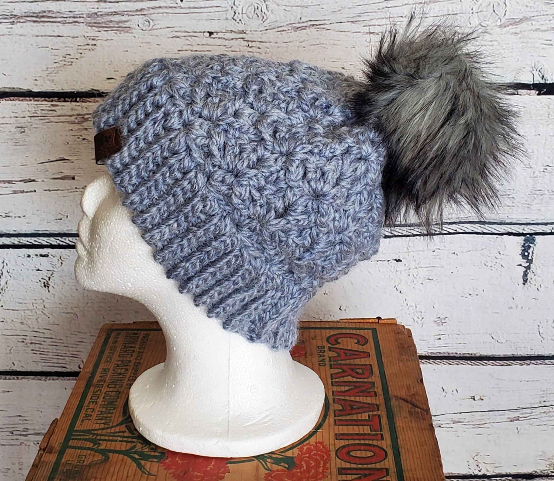 Pale Blue Alpaca Blend Wool Crochet Hat with Pom - a-Farm-girl-bytess | Handmade Alpaca Wool Winter Hats for Women