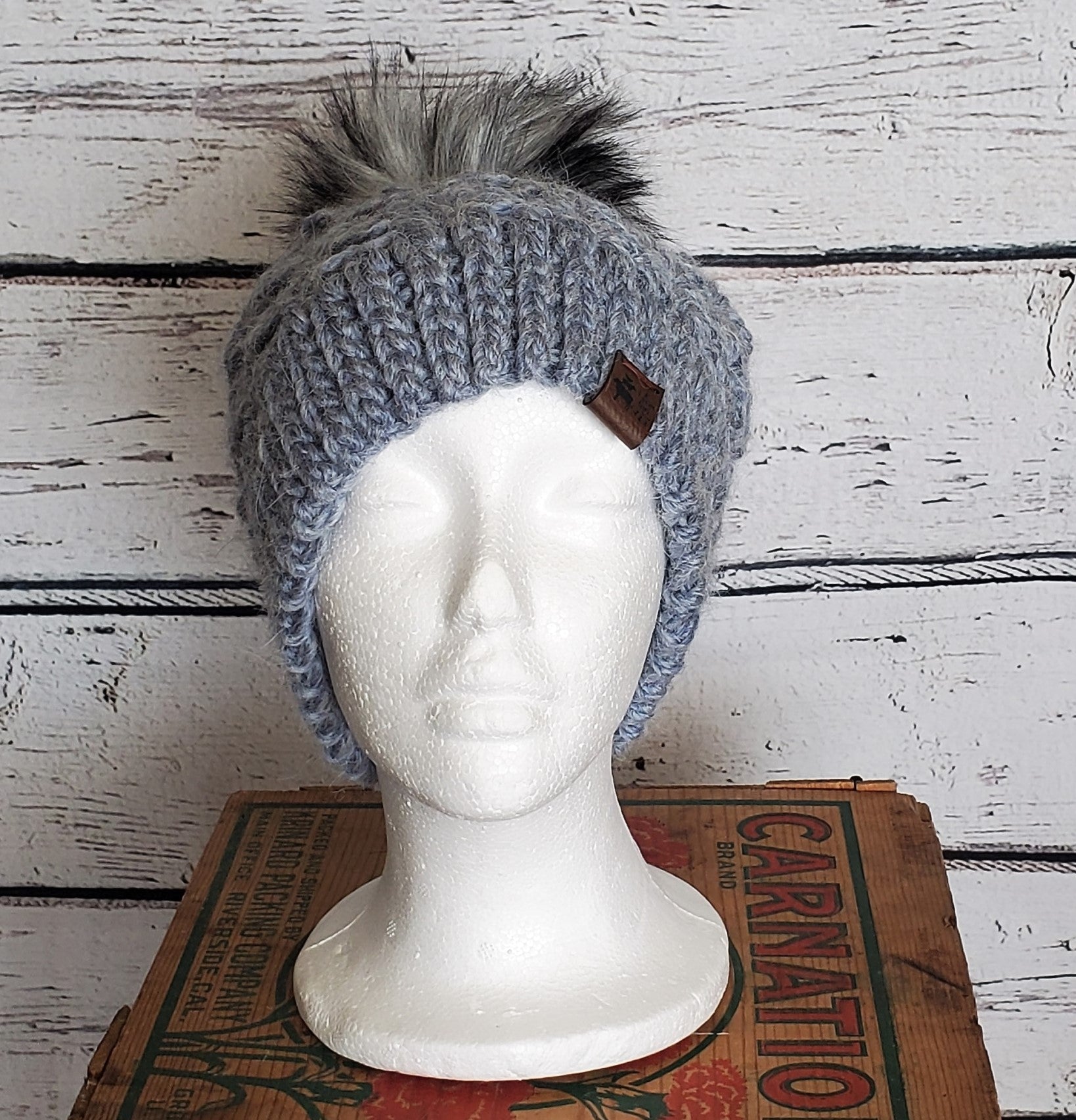 Pale Blue Alpaca Blend Wool Crochet Hat with Pom - a-Farm-girl-bytess | Handmade Alpaca Wool Winter Hats for Women