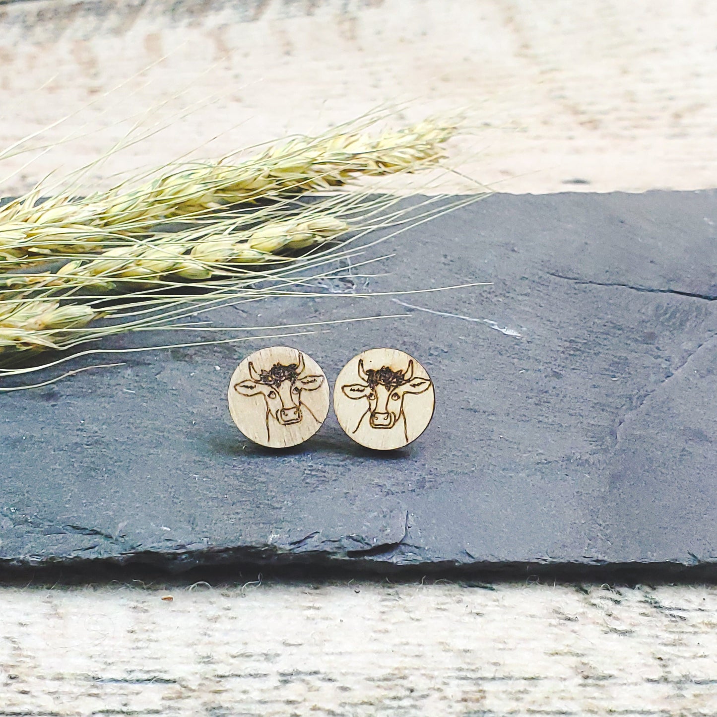 Pretty Cow Wood Engraved Earrings - A Farm Girl by Tess | Handmade Alpaca Wool Winter Hats for Women