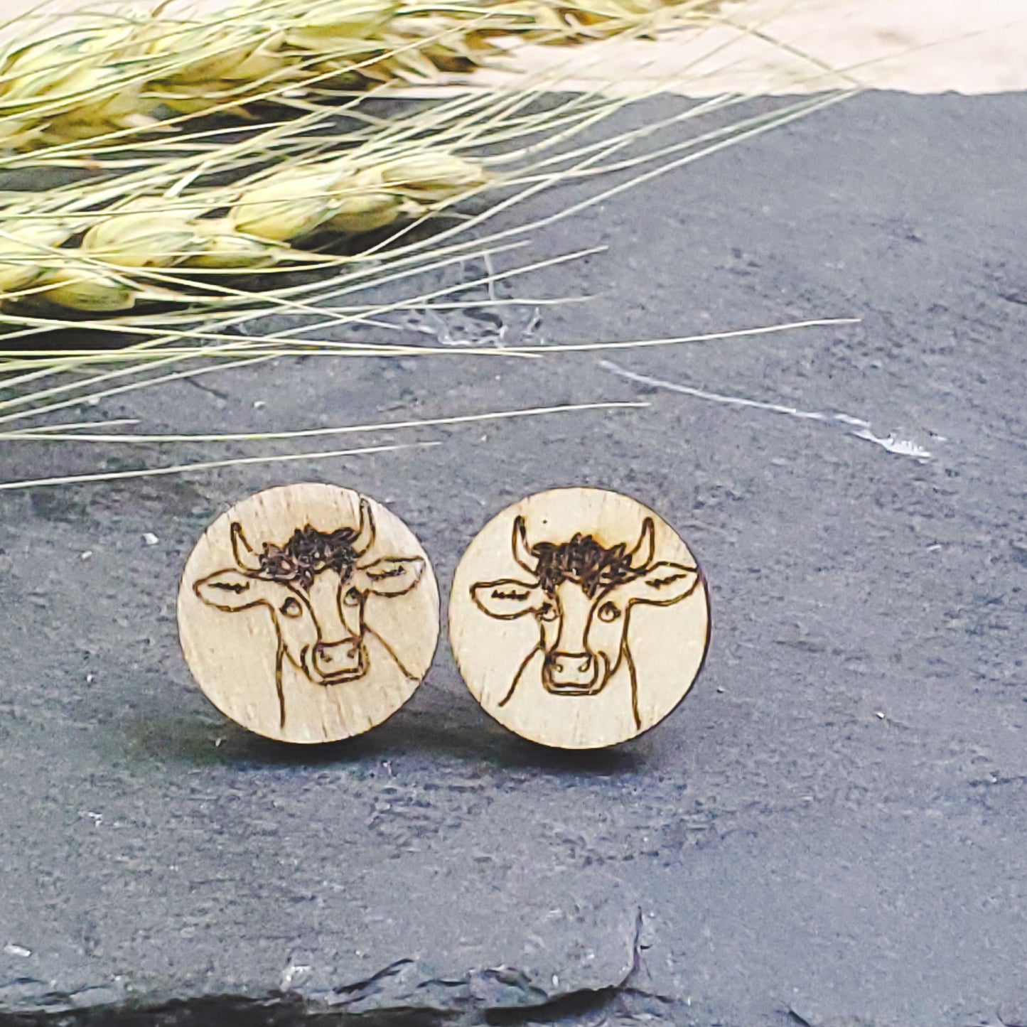 Pretty Cow Wood Engraved Earrings - A Farm Girl by Tess | Handmade Alpaca Wool Winter Hats for Women