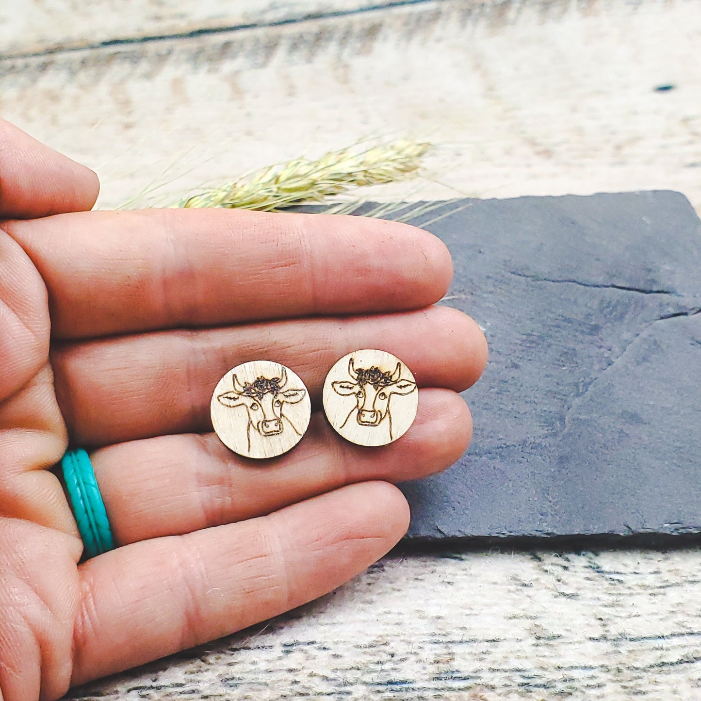 Pretty Cow Wood Engraved Earrings - A Farm Girl by Tess | Handmade Alpaca Wool Winter Hats for Women