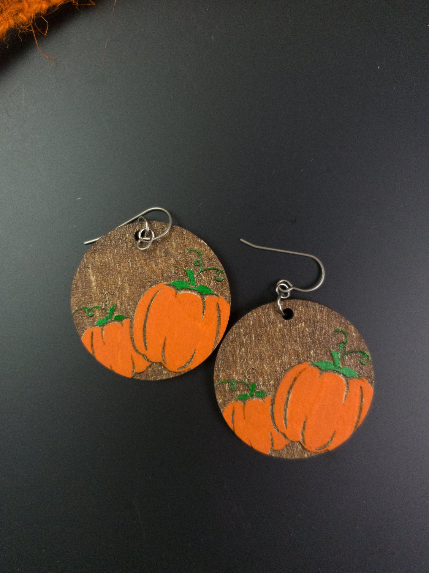 Pumpkin Reverse Engraved Earrings - A Farm Girl by Tess | Handmade Alpaca Wool Winter Hats for Women