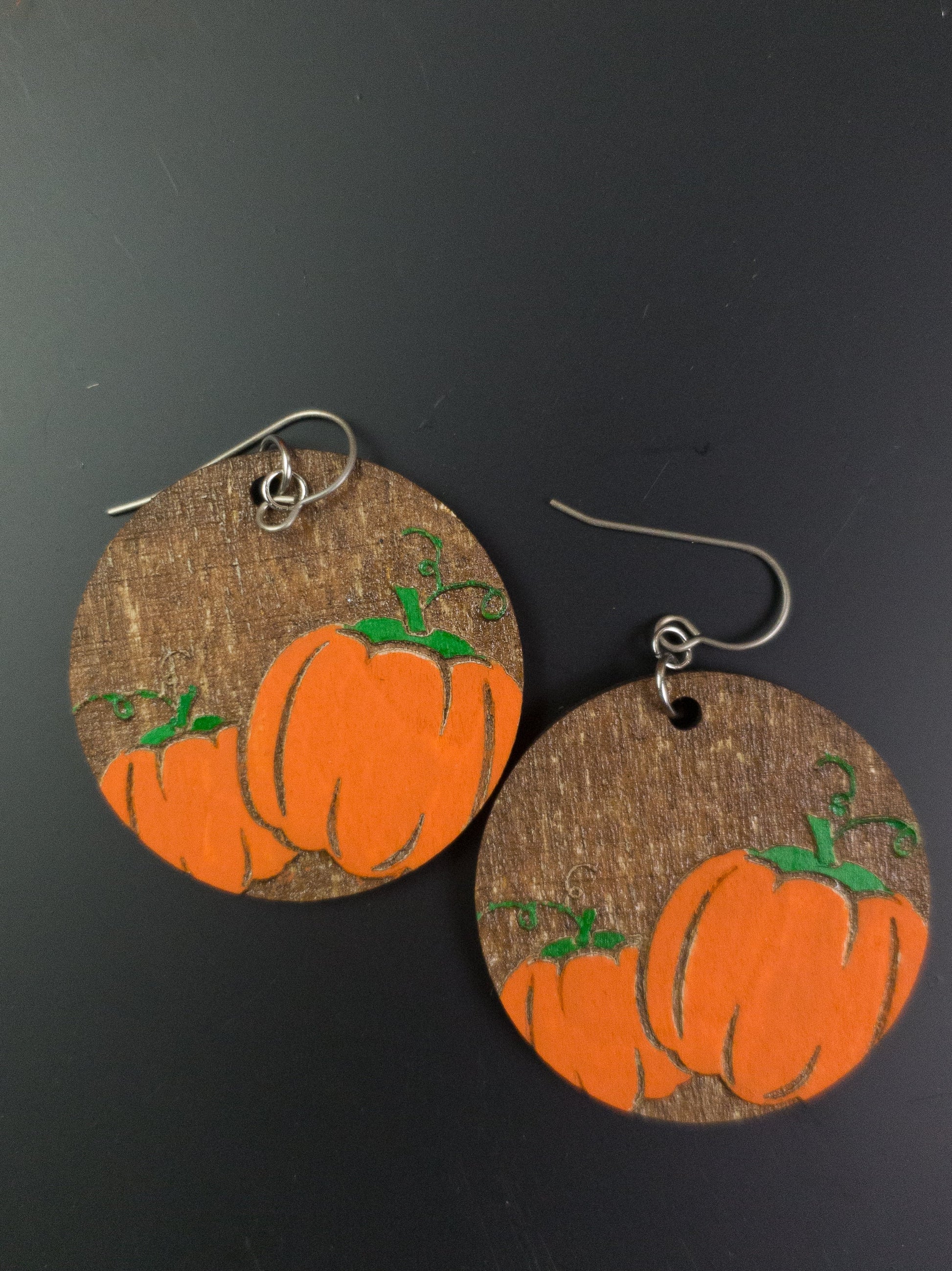 Pumpkin Reverse Engraved Earrings - A Farm Girl by Tess | Handmade Alpaca Wool Winter Hats for Women