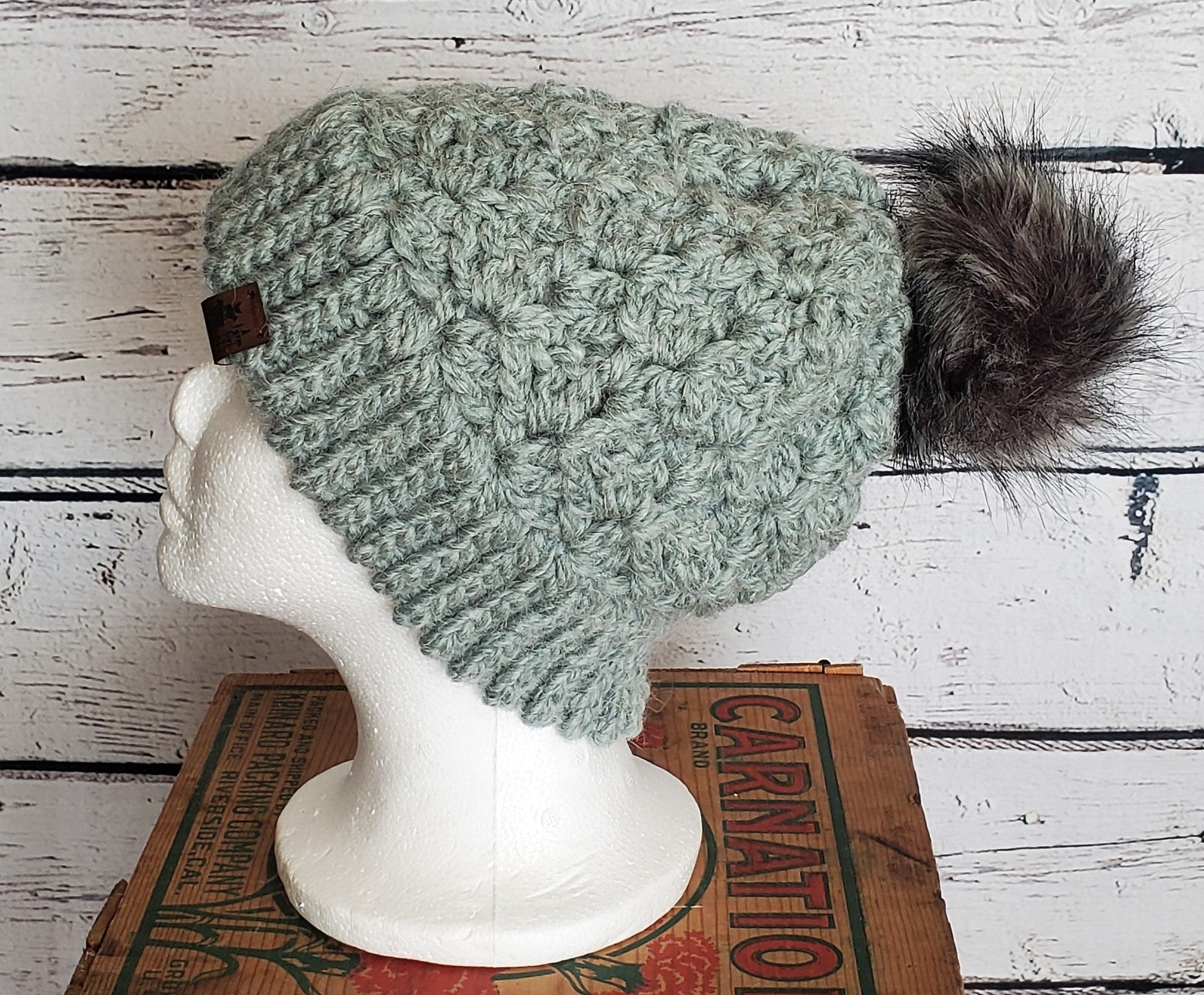 Sage Alpaca Blend Wool Crochet Hat with Pom - a-Farm-girl-bytess | Handmade Alpaca Wool Winter Hats for Women