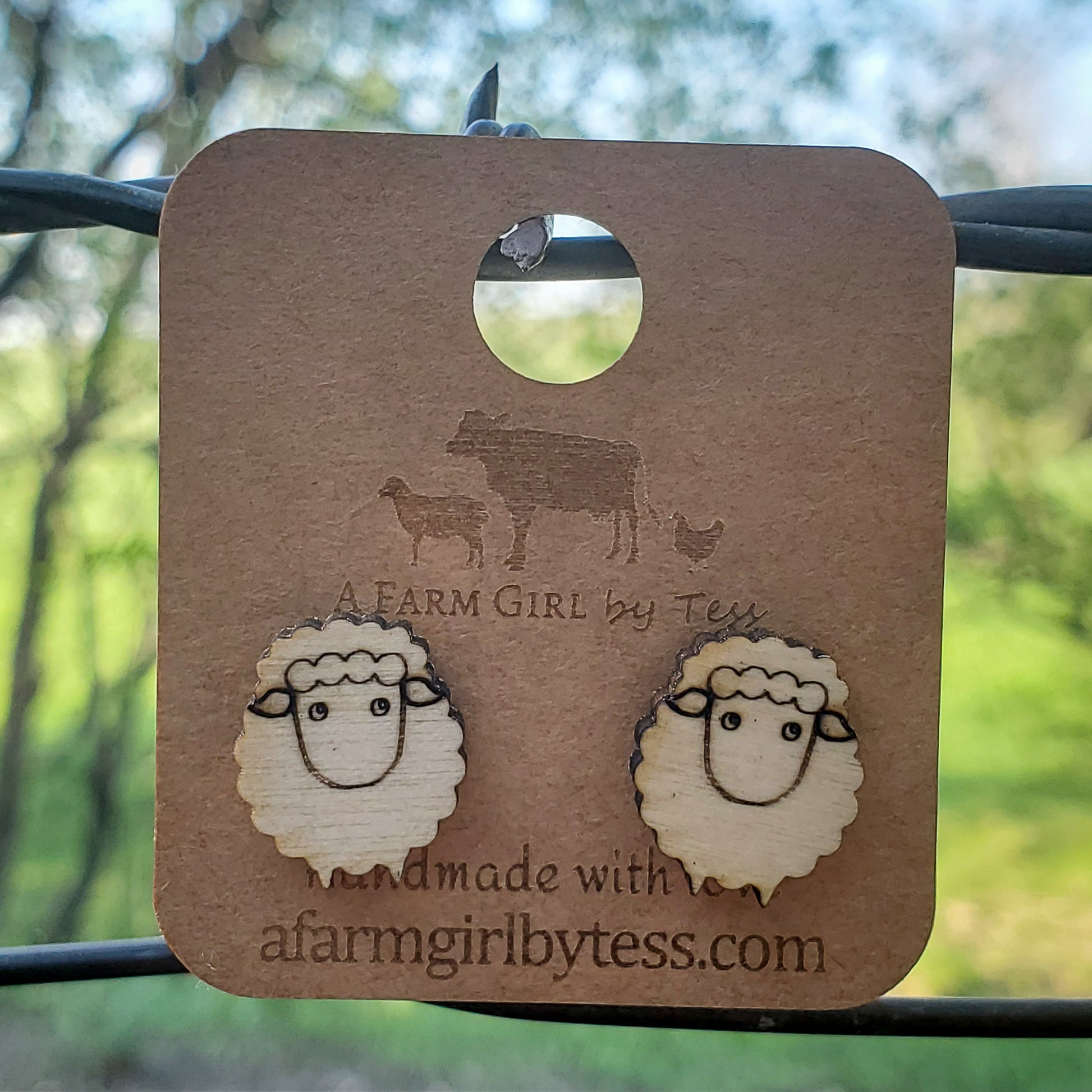 Sheep Engraved Wood Earrings - A Farm Girl by Tess | Handmade Alpaca Wool Winter Hats for Women