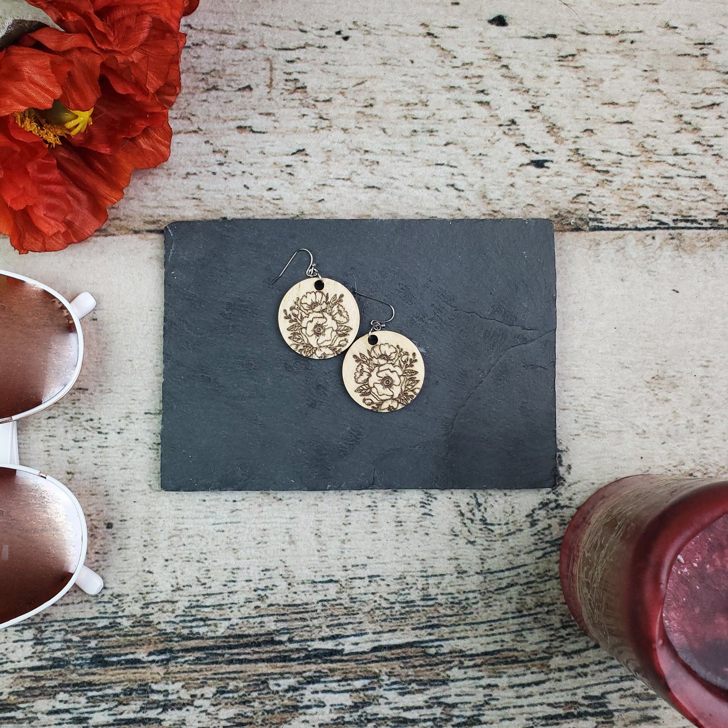 Small Circle Poppy Engraved Wood Earrings - A Farm Girl by Tess | Handmade Alpaca Wool Winter Hats for Women