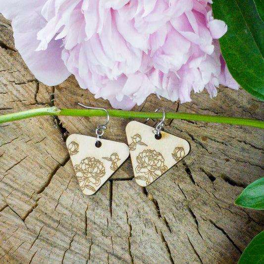 Small Descending Triangle Peony Engraved Wood Earrings - A Farm Girl by Tess | Handmade Alpaca Wool Winter Hats for Women