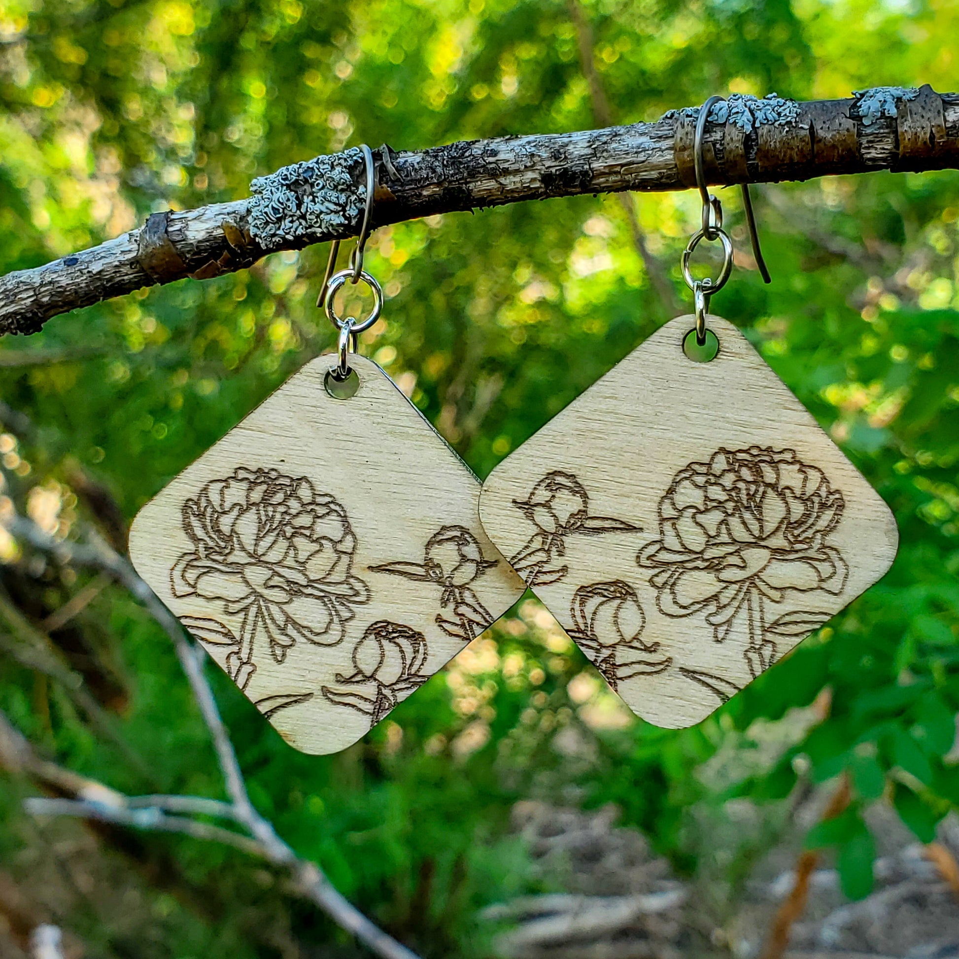 Small Diamond Shaped Peony Engraved Wood Earrings - A Farm Girl by Tess | Handmade Alpaca Wool Winter Hats for Women