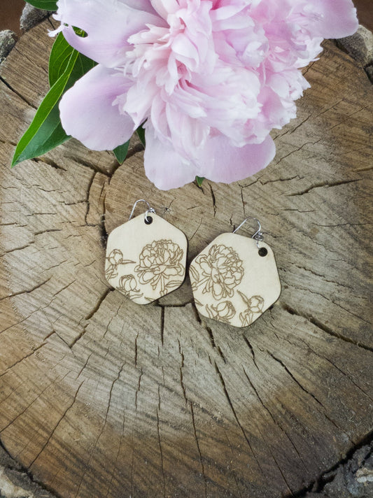 Small Hexagon Peony Engraved Wood Earrings - A Farm Girl by Tess | Handmade Alpaca Wool Winter Hats for Women