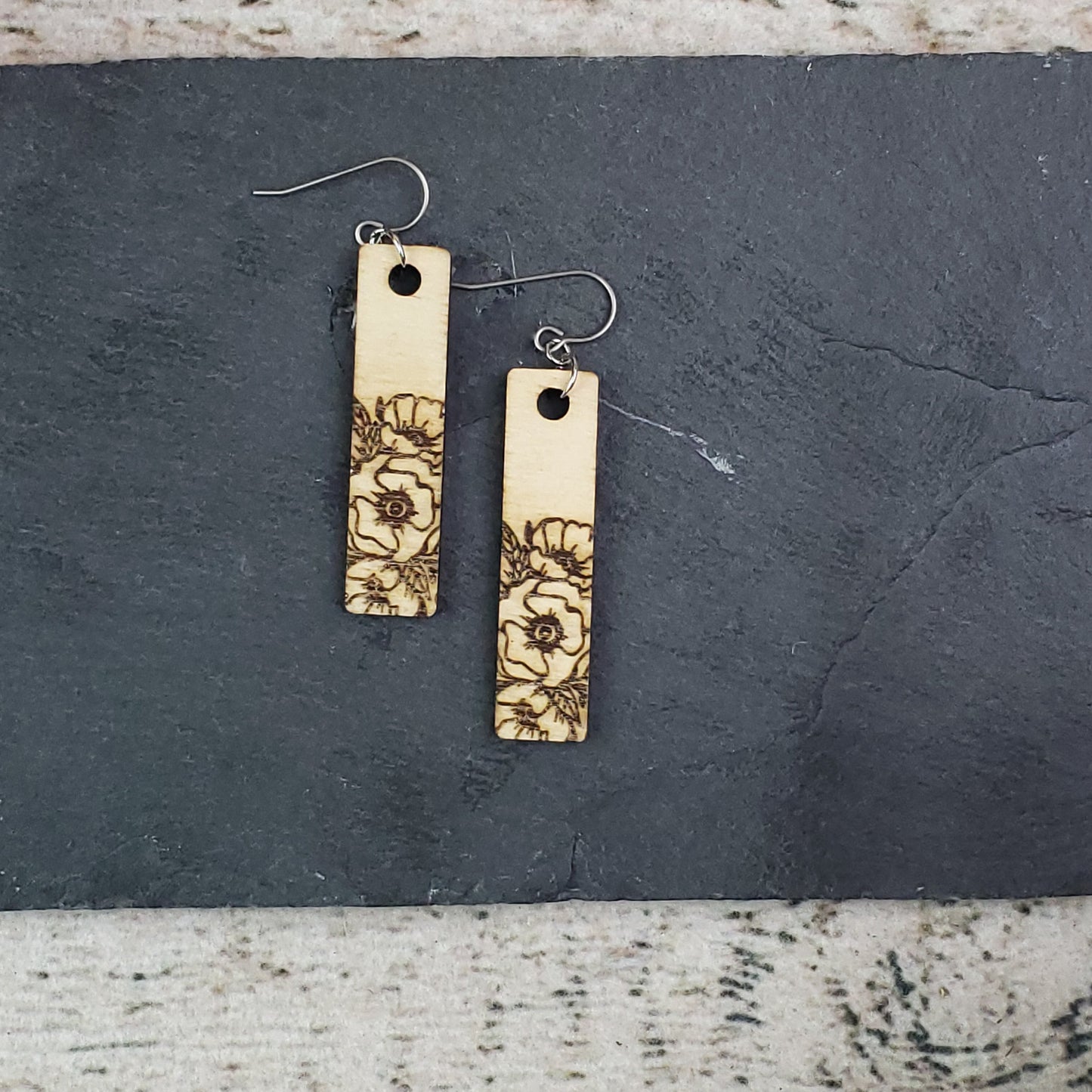 Small Rectangle Poppy Engraved Wood Earrings - A Farm Girl by Tess | Handmade Alpaca Wool Winter Hats for Women