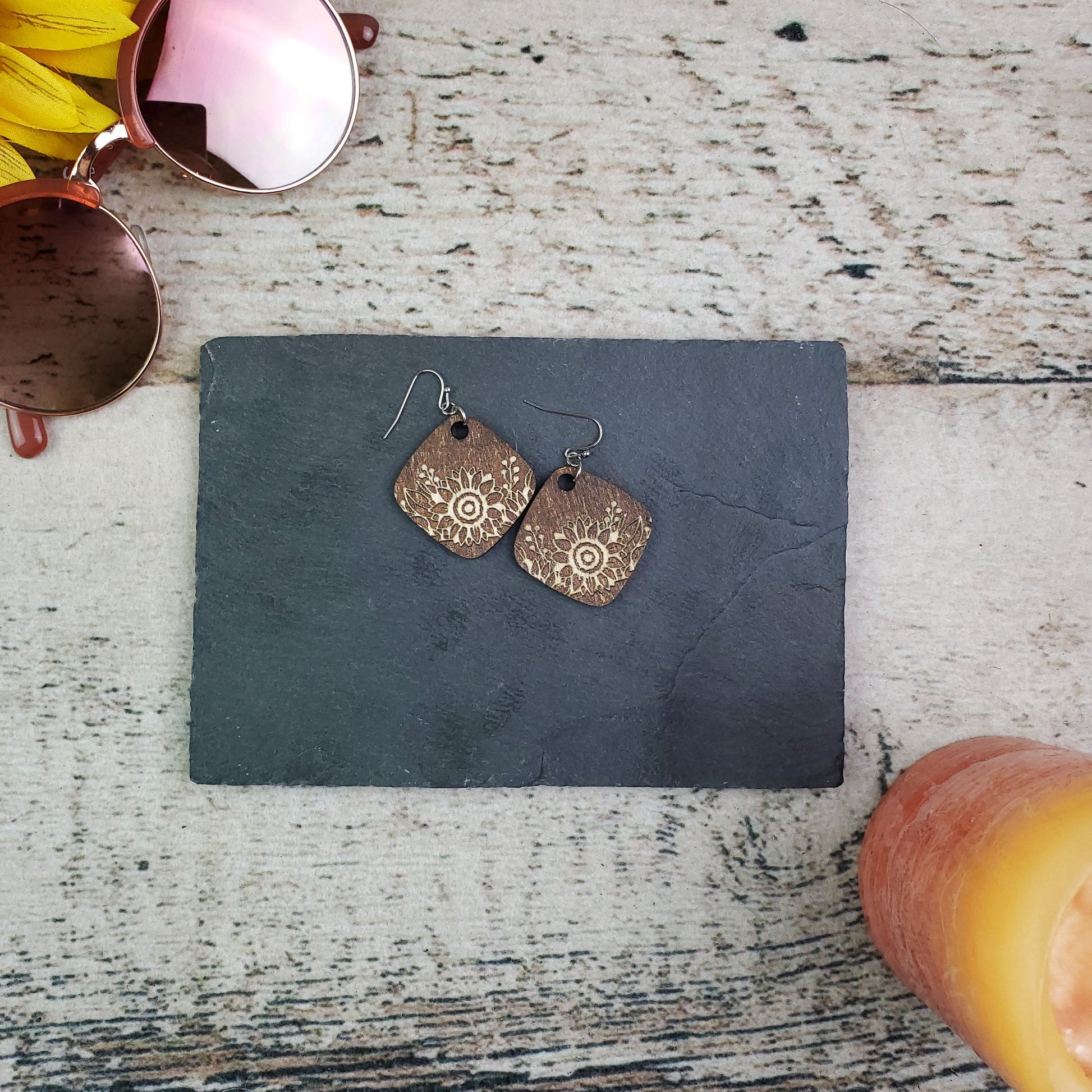 Small Sunflower Engraved Wood Drop Earrings - A Farm Girl by Tess | Handmade Alpaca Wool Winter Hats for Women