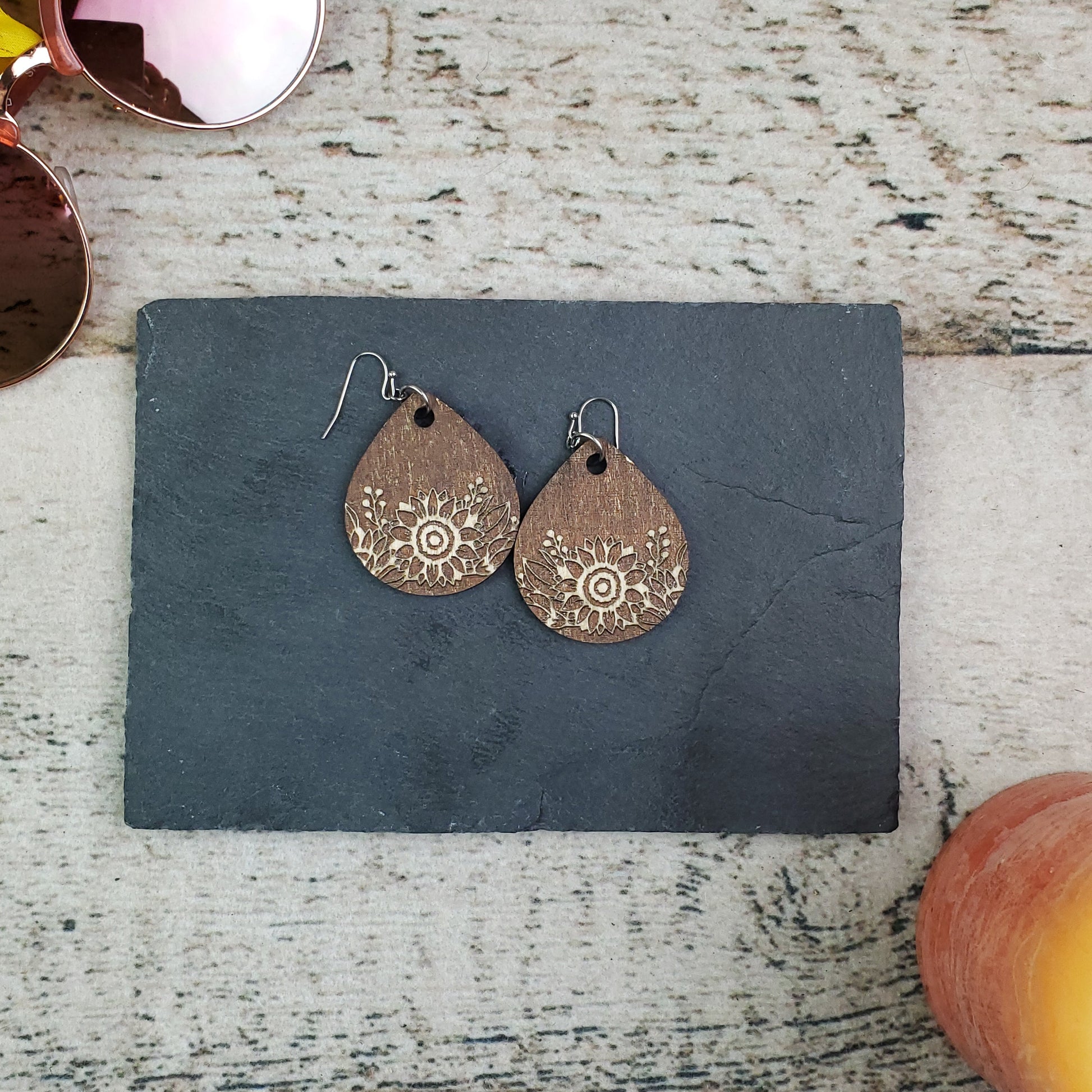 Small Sunflower Reverse Engraved Wood Teardrop Earrings - A Farm Girl by Tess | Handmade Alpaca Wool Winter Hats for Women