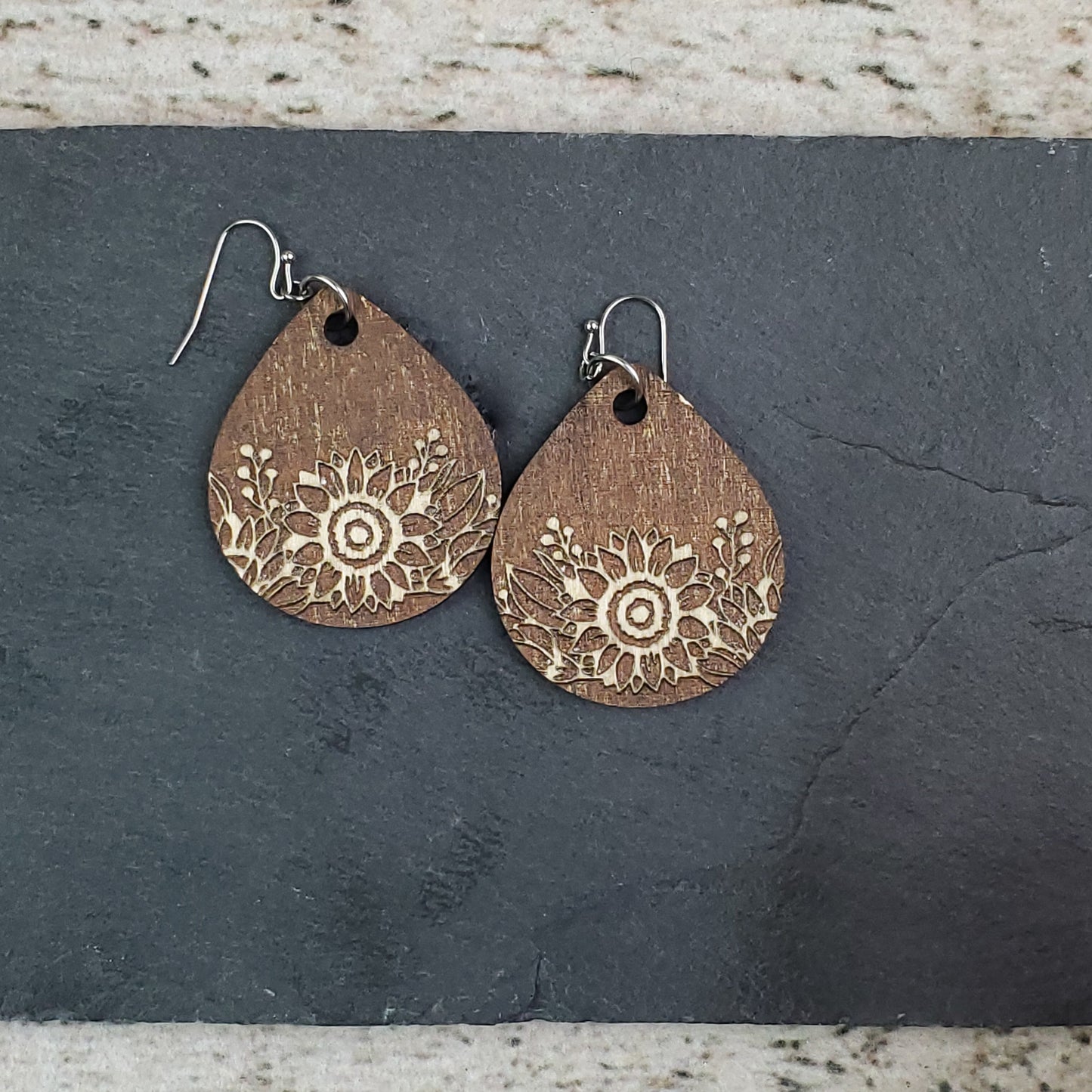 Small Sunflower Reverse Engraved Wood Teardrop Earrings - A Farm Girl by Tess | Handmade Alpaca Wool Winter Hats for Women