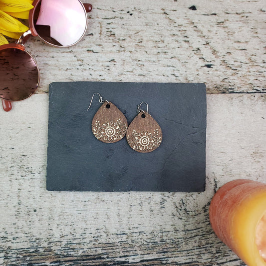 Small Sunflower Reverse Engraved Wood Teardrop Earrings - A Farm Girl by Tess | Handmade Alpaca Wool Winter Hats for Women