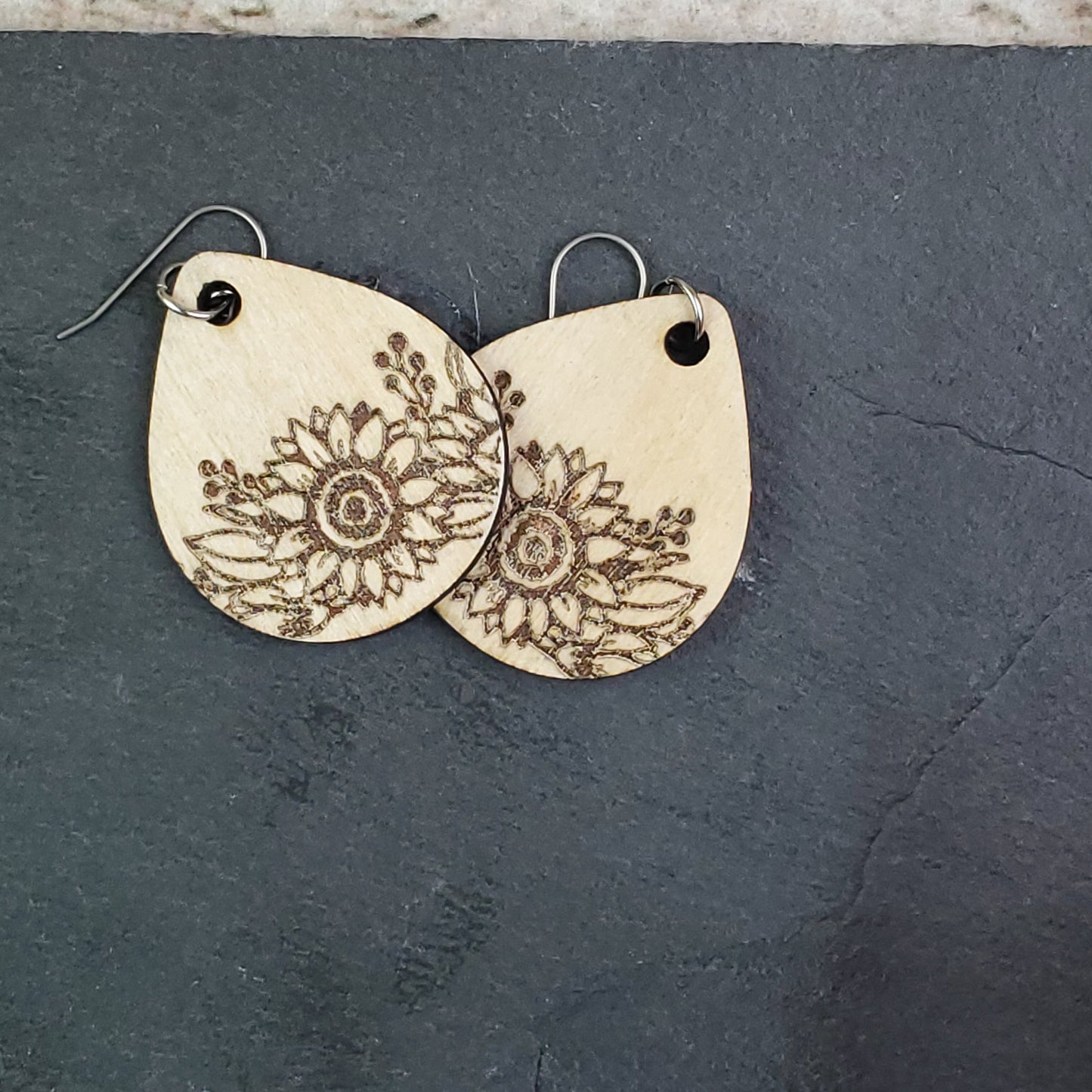 Small Sunflower Teardrop Wood Engraved Earrings - A Farm Girl by Tess | Handmade Alpaca Wool Winter Hats for Women