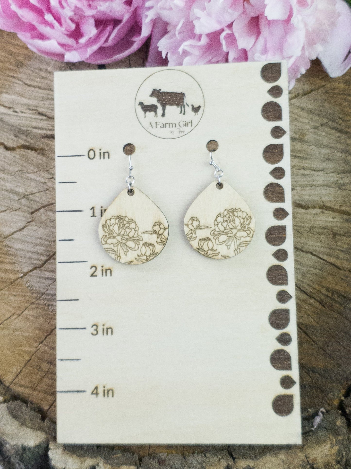 Small Teardrop Peony Engraved Wood Earrings - A Farm Girl by Tess | Handmade Alpaca Wool Winter Hats for Women