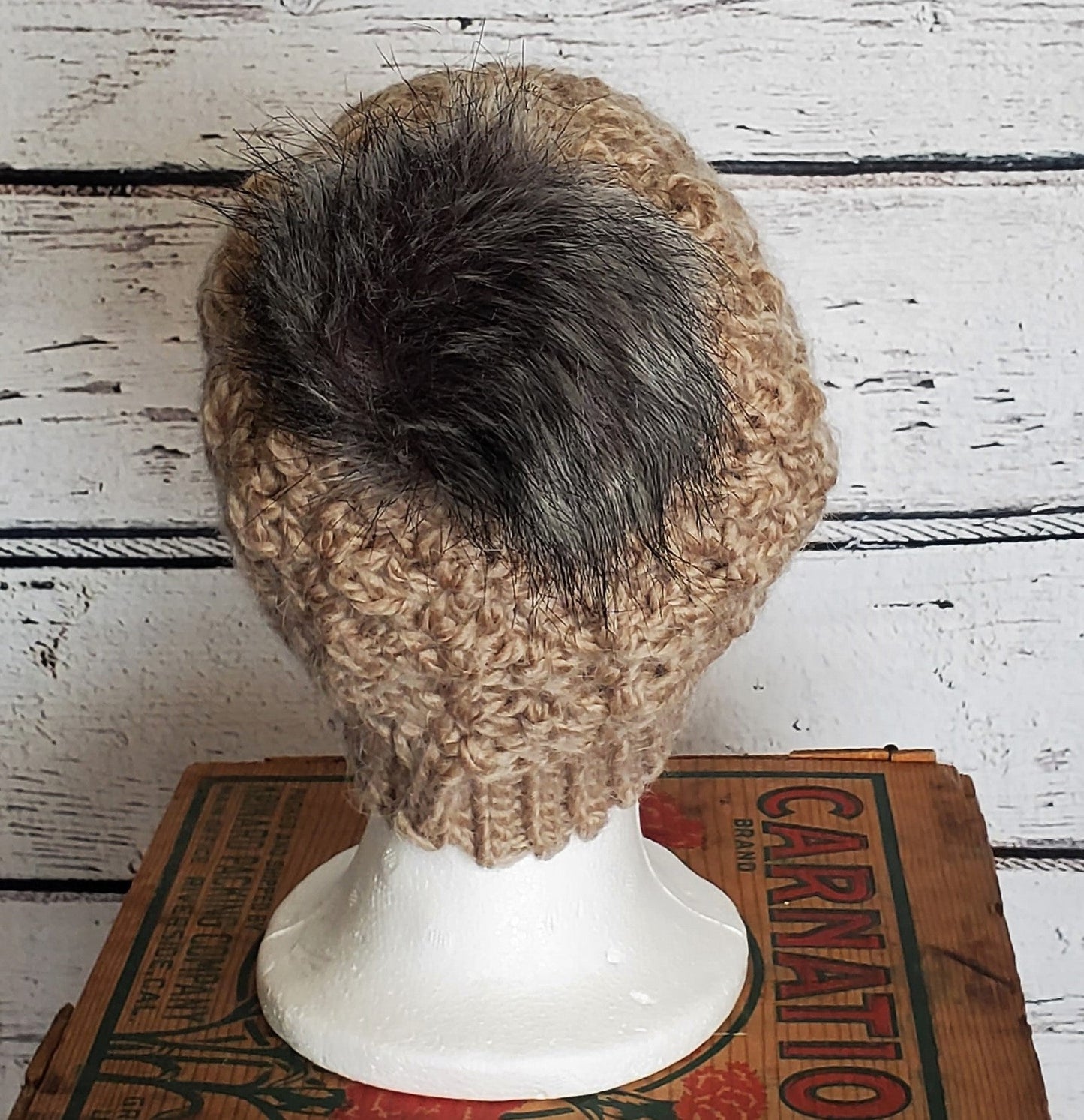 Taupe Alpaca Blend Wool Crochet Hat with Pom - a-Farm-girl-bytess | Handmade Alpaca Wool Winter Hats for Women
