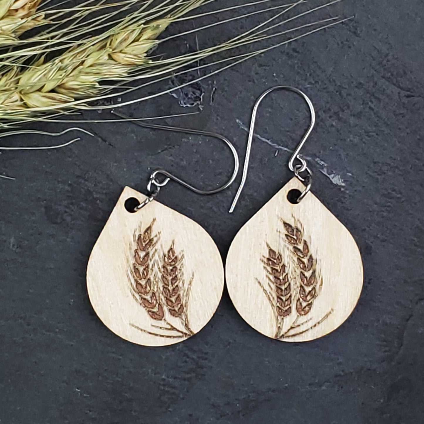 Wheat Engraved Wood Dangle Earrings - A Farm Girl by Tess | Handmade Alpaca Wool Winter Hats for Women