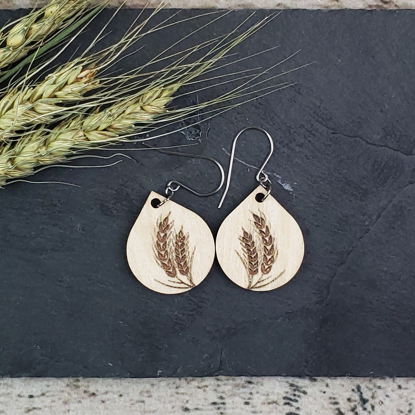 Wheat Engraved Wood Dangle Earrings - A Farm Girl by Tess | Handmade Alpaca Wool Winter Hats for Women