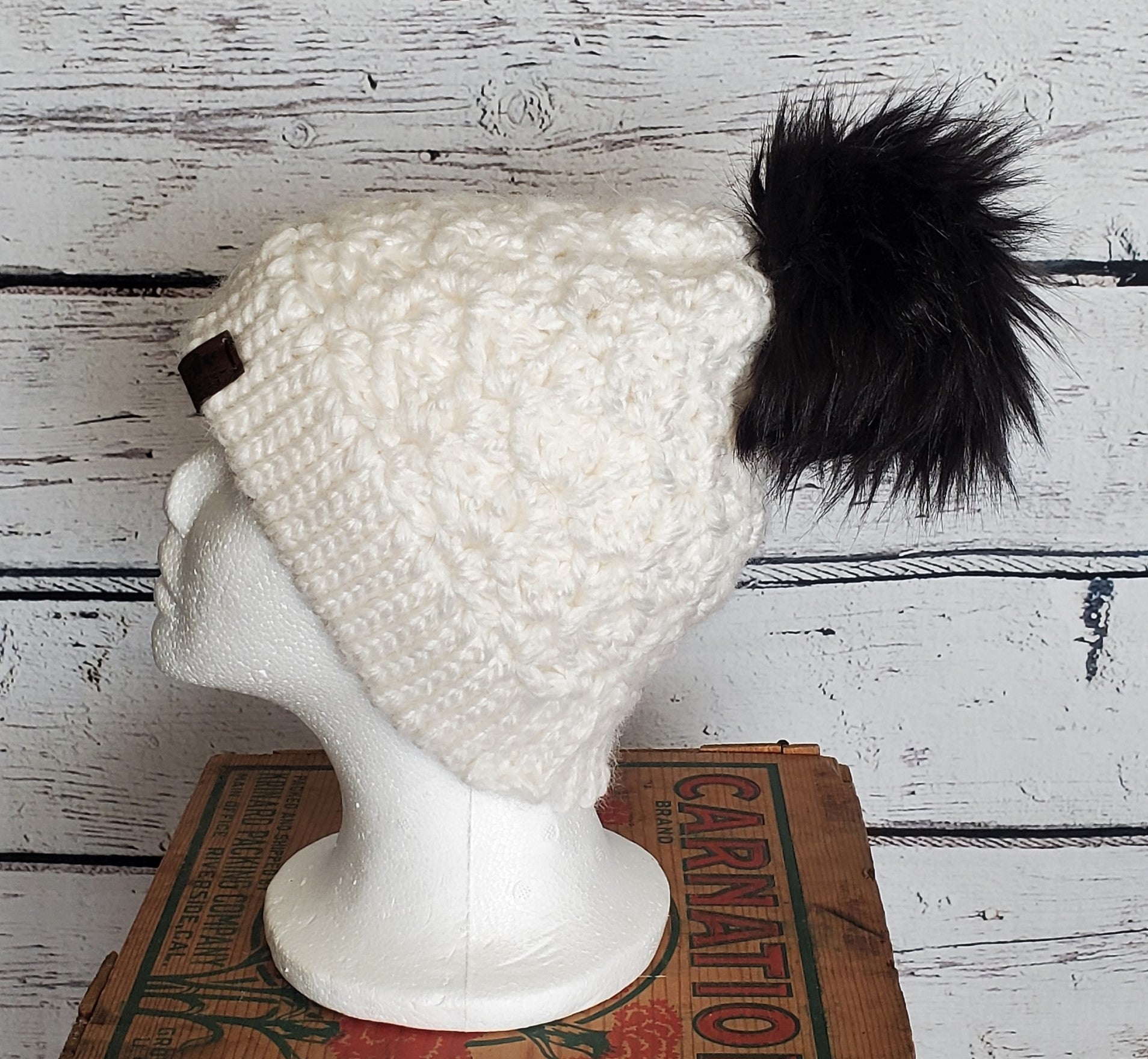 White Alpaca Blend Wool Crochet Hat with Pom - a-Farm-girl-bytess | Handmade Alpaca Wool Winter Hats for Women